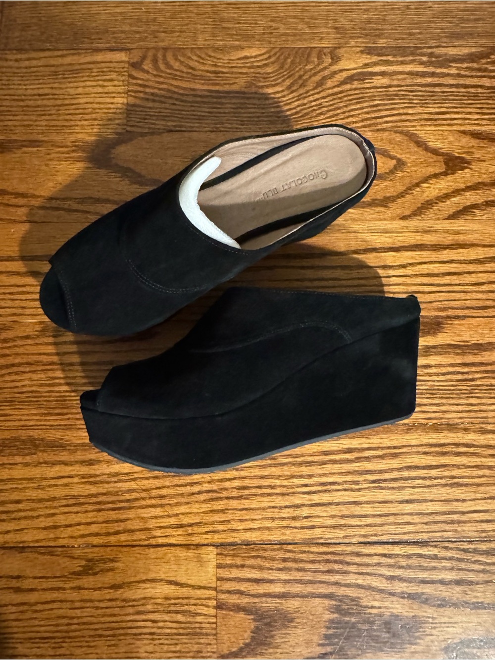 Chocolat Blu black suede peep-toe platform wedge mules  - 7.5